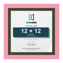 Baby Pink 14 x 14 inch picture frame with a green mount for a 12 x 12 inch photo