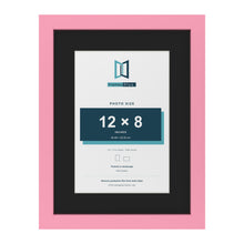 Baby Pink 16 x 12 inch picture frame with a black mount for a 12 x 8 inch photo
