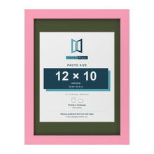 Baby Pink 16 x 12 inch picture frame with a green mount for a 12 x 10 inch photo