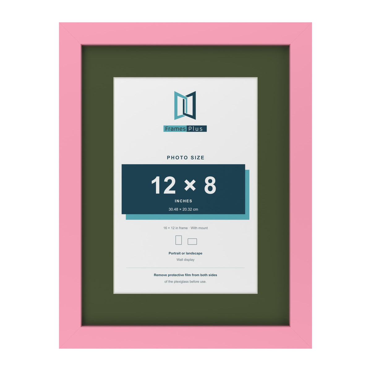Baby Pink 16 x 12 inch picture frame with a green mount for a 12 x 8 inch photo
