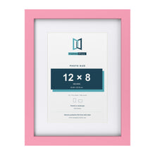 Baby Pink 16 x 12 inch picture frame with a white mount for a 12 x 8 inch photo