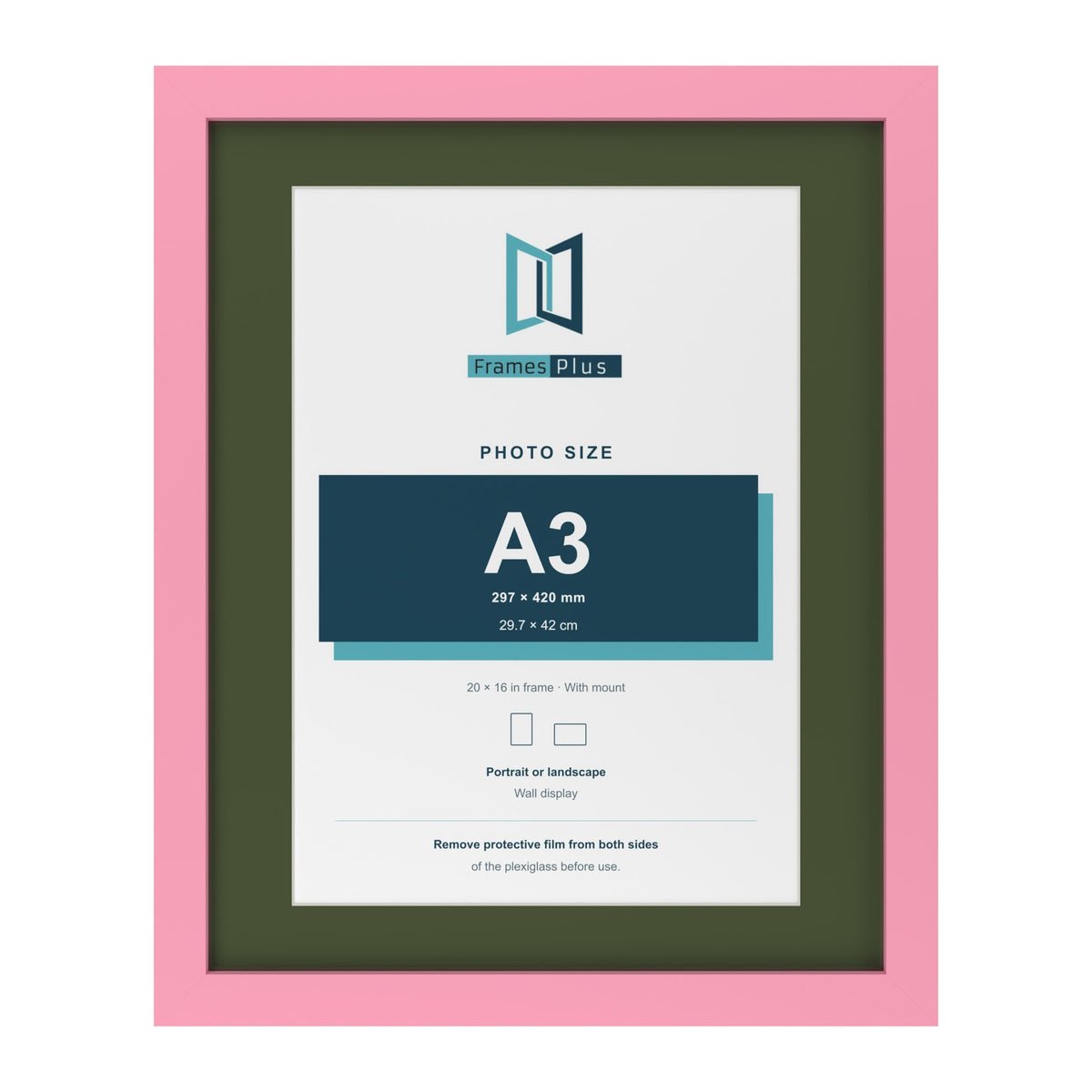 Baby Pink 20 x 16 inch picture frame with a green mount for an A3 photo