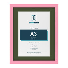 Baby Pink 20 x 16 inch picture frame with a green mount for an A3 photo