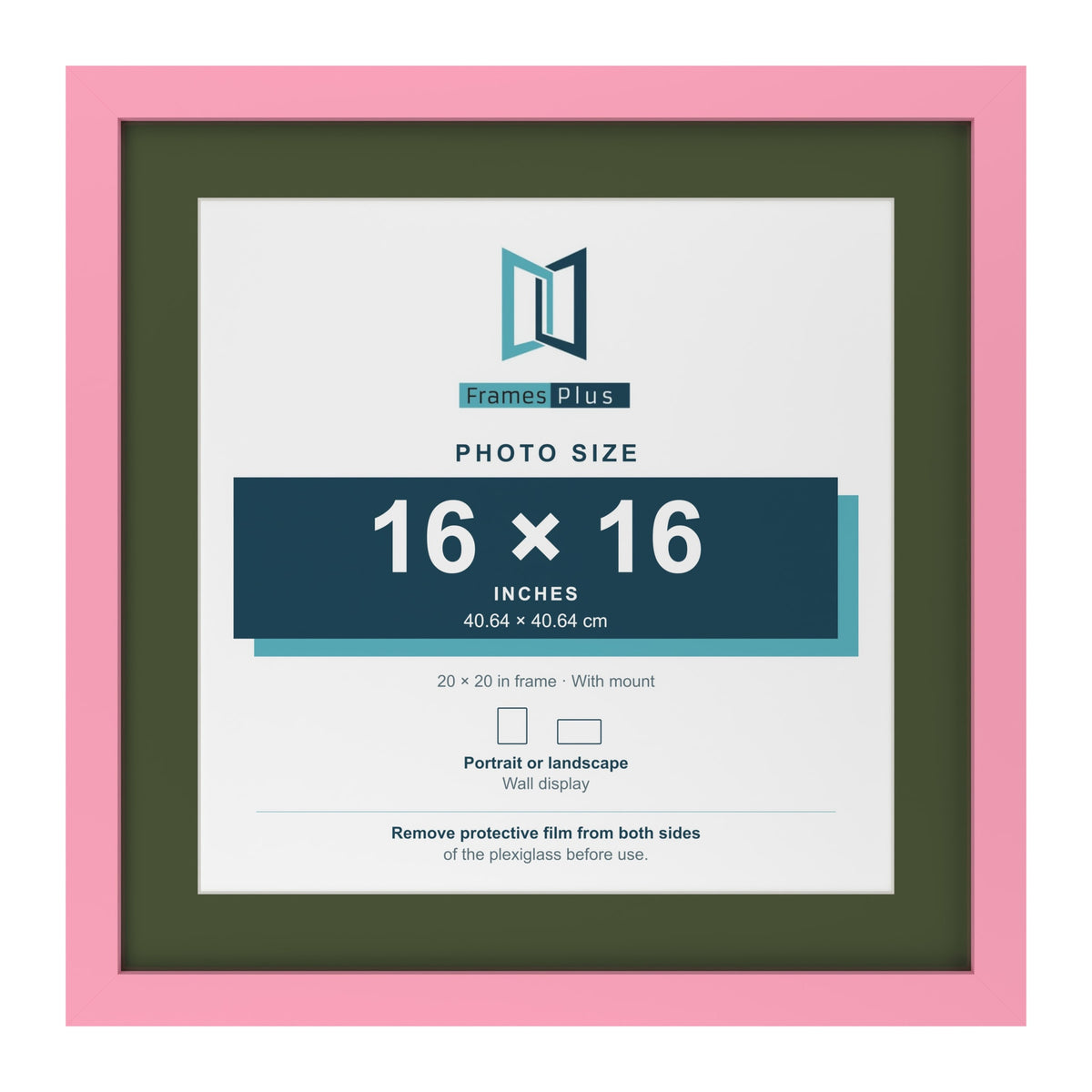 Baby Pink 20 x 20 inch picture frame with a green mount for a 16 x 16 inch photo