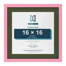 Baby Pink 20 x 20 inch picture frame with a green mount for a 16 x 16 inch photo