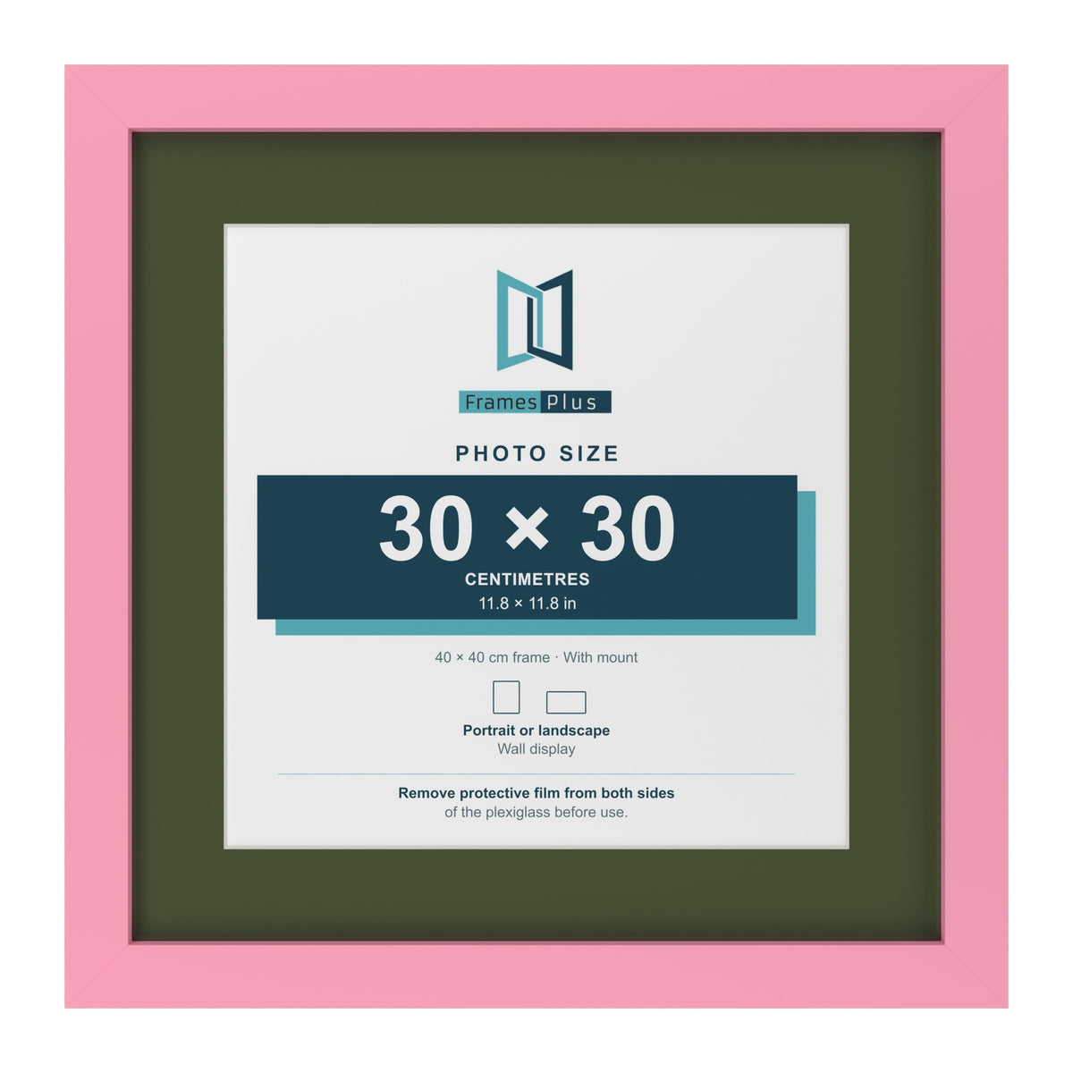 Baby Pink 40 x 40 cm picture frame with a green mount for a 30 x 30 cm photo