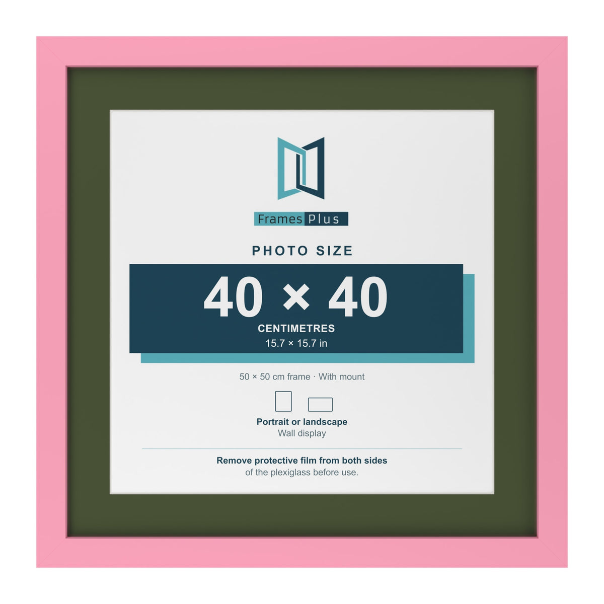 Baby Pink 50 x 50 cm picture frame with a green mount for a 40 x 40 cm photo