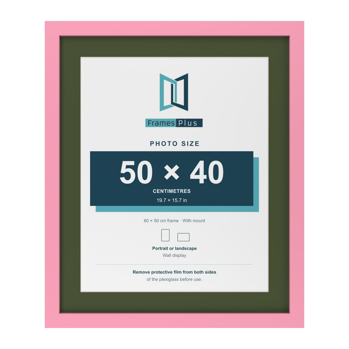 Baby Pink 60 x 50 cm picture frame with a green mount for a 50 x 40 cm photo
