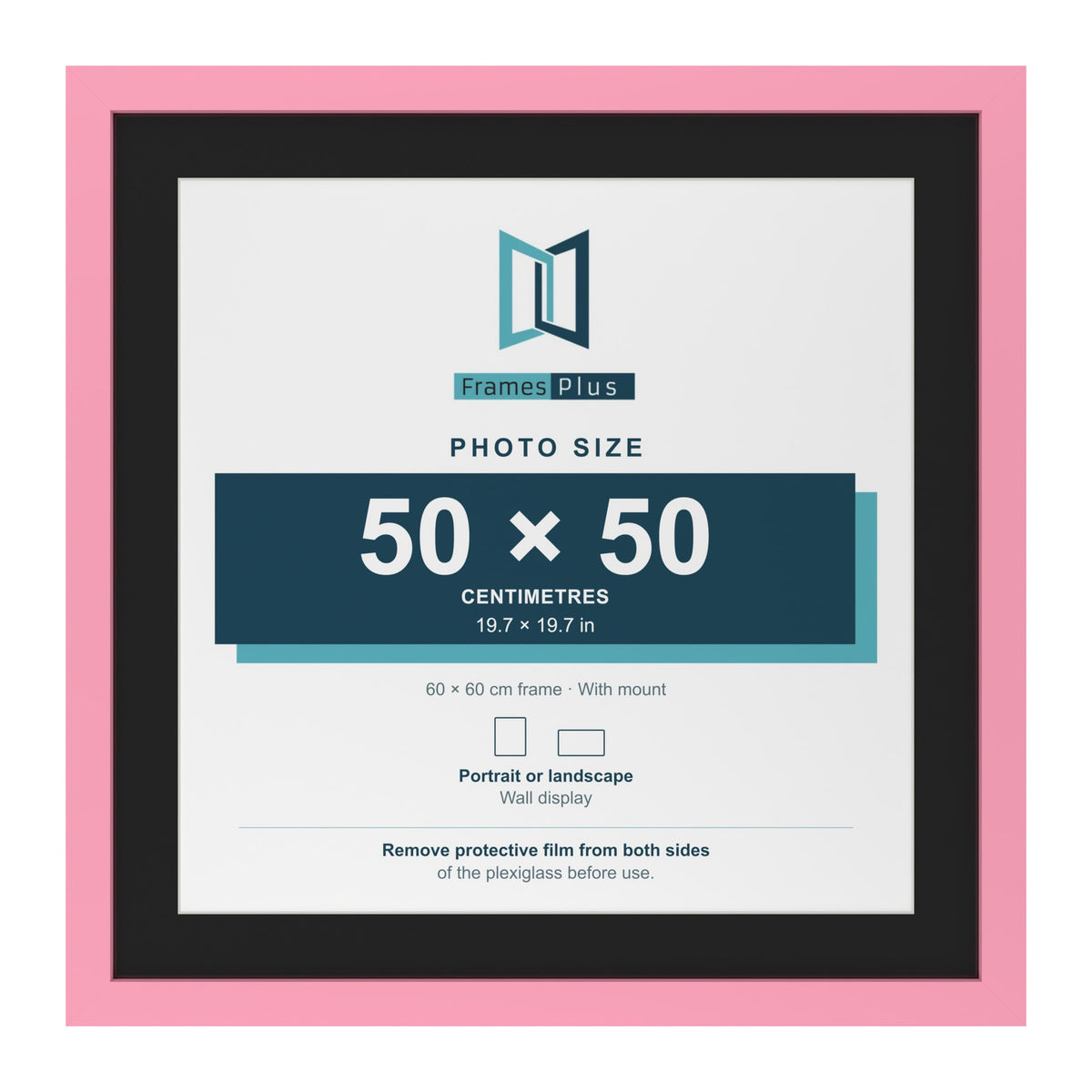 Baby Pink 60 x 60 cm picture frame with a black mount for a 50 x 50 cm photo