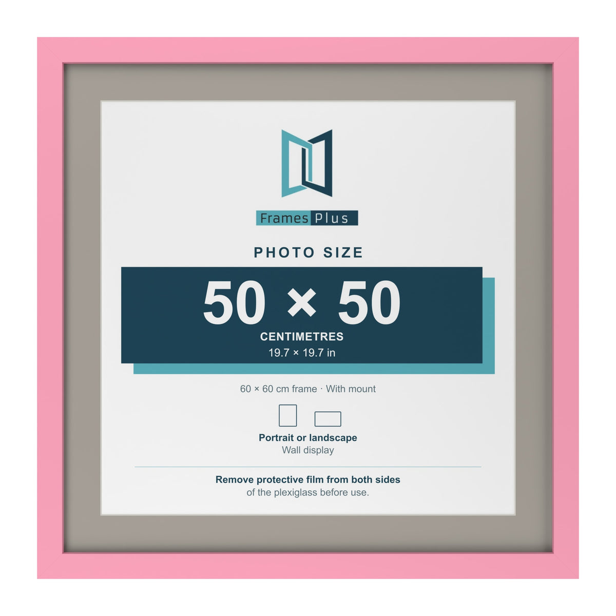 Baby Pink 60 x 60 cm picture frame with a Dawn Grey mount for a 50 x 50 cm photo
