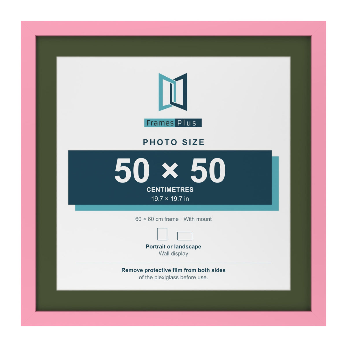 Baby Pink 60 x 60 cm picture frame with a green mount for a 50 x 50 cm photo