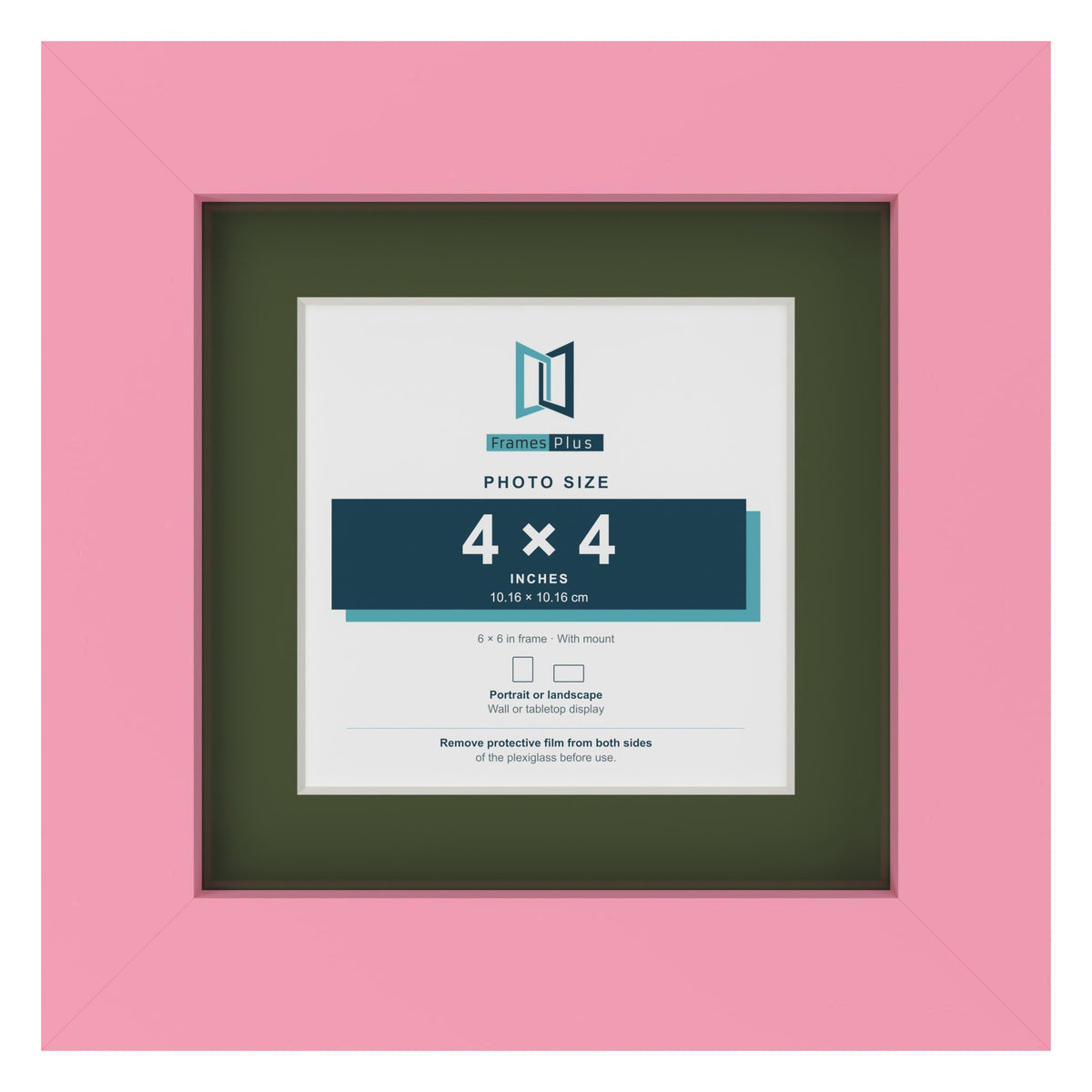 Baby Pink 6 x 6 inch picture frame with a green mount for a 4 x 4 inch photo