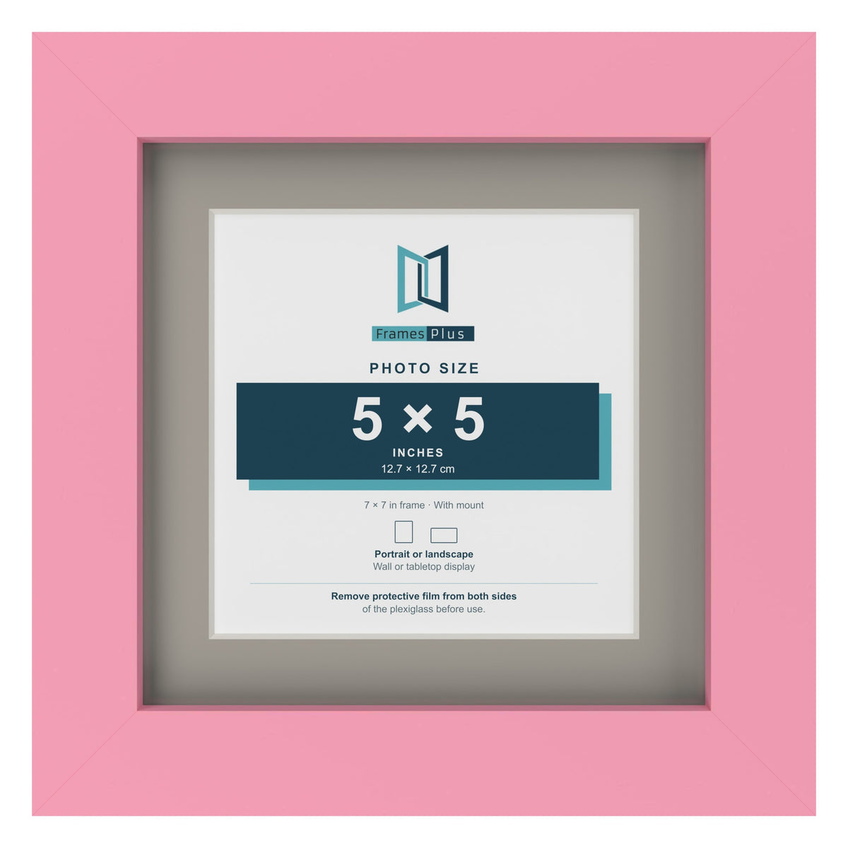 Baby Pink 7 x 7 inch picture frame with a Dawn Grey mount for a 5 x 5 inch photo