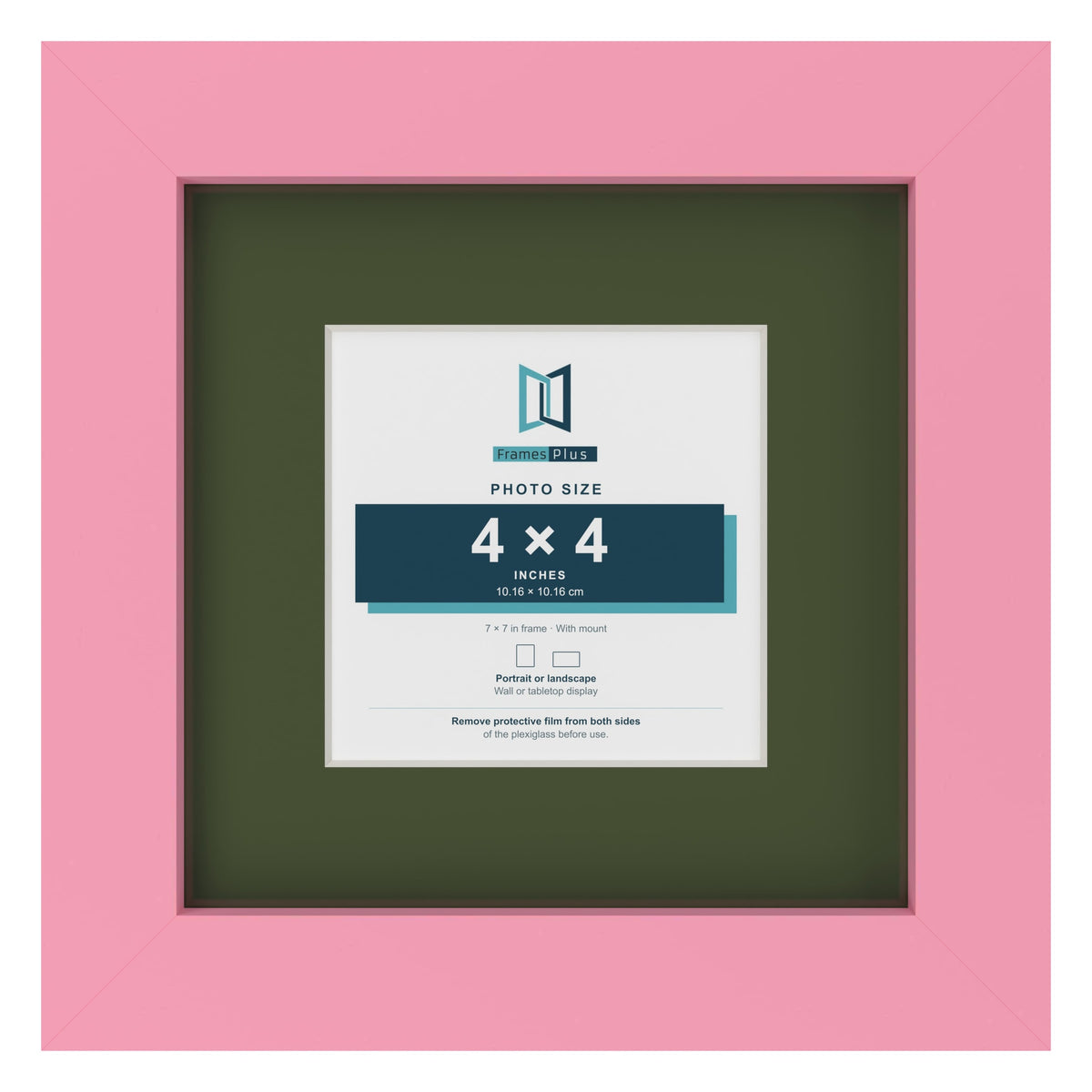 Baby Pink 7 x 7 inch picture frame with a green mount for a 4 x 4 inch photo