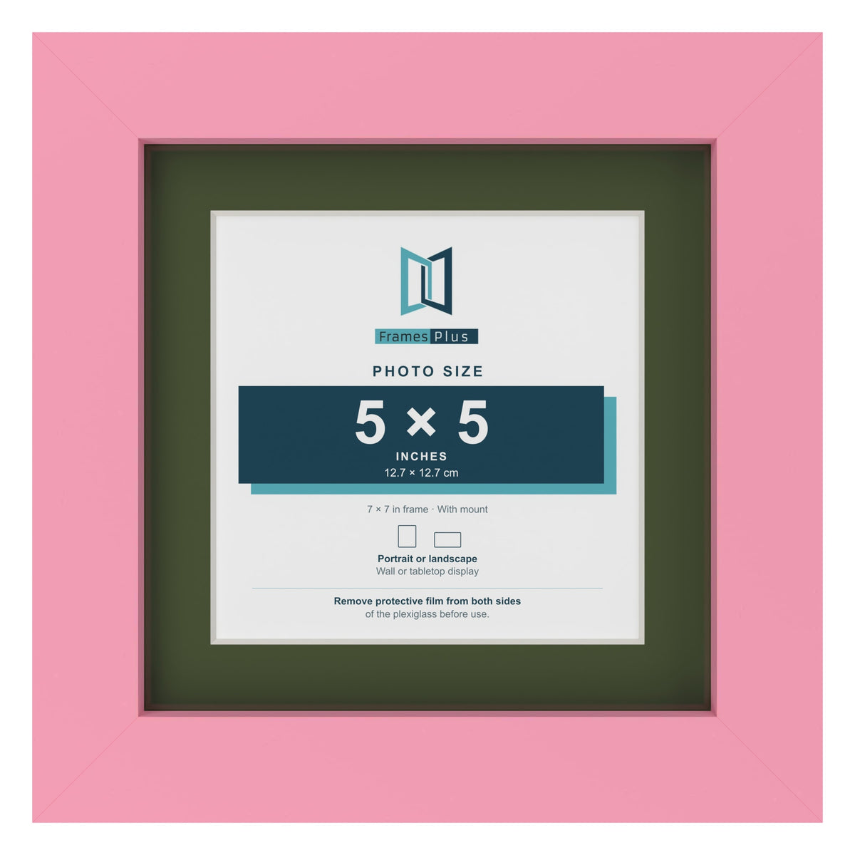 Baby Pink 7 x 7 inch picture frame with a green mount for a 5 x 5 inch photo