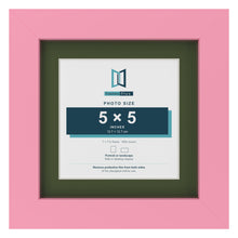 Baby Pink 7 x 7 inch picture frame with a green mount for a 5 x 5 inch photo