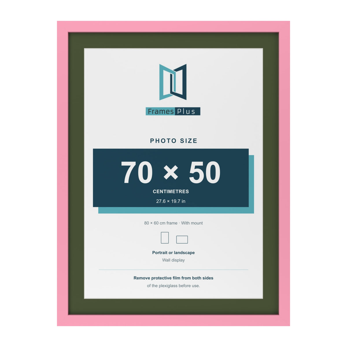 Baby Pink 80 x 60 cm picture frame with a green mount for a 70 x 50 cm photo
