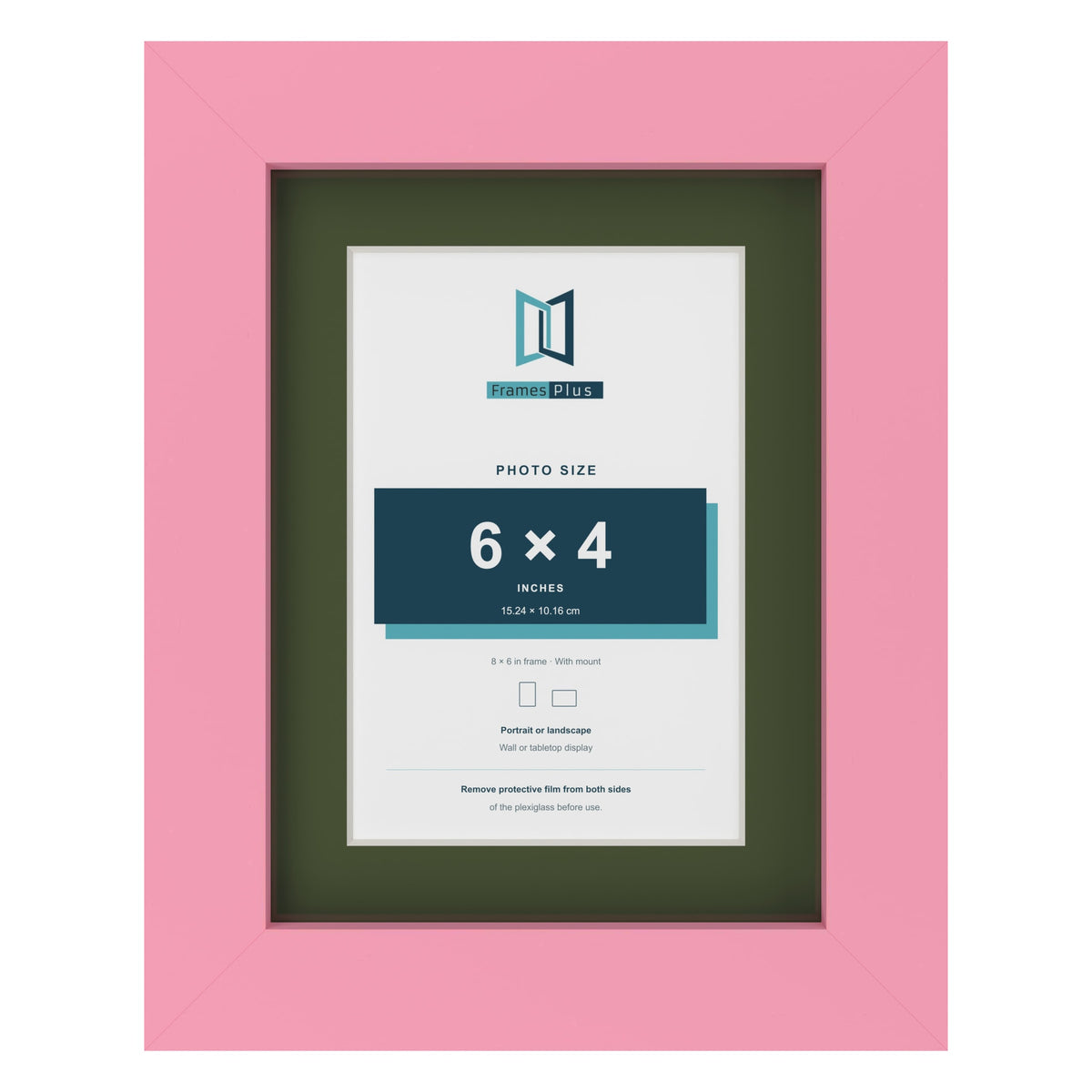 Baby Pink 8 x 6 inch picture frame with a green mount for a 6 x 4 inch photo