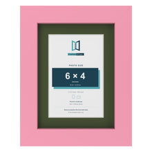 Baby Pink 8 x 6 inch picture frame with a green mount for a 6 x 4 inch photo