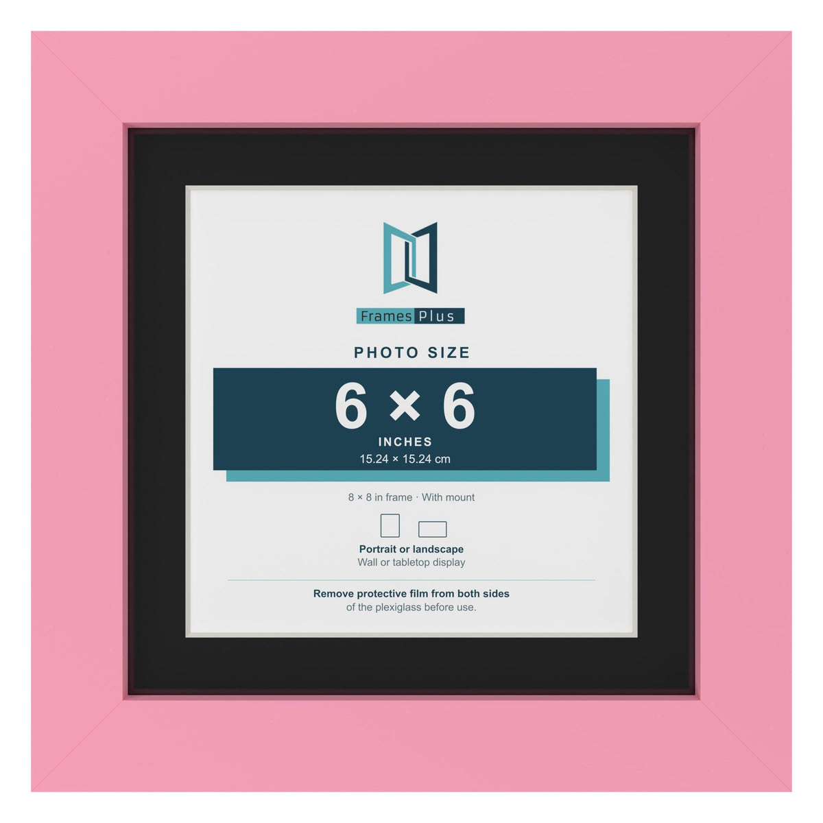 Baby Pink 8 x 8 inch picture frame with a black mount for a 6 x 6 inch photo