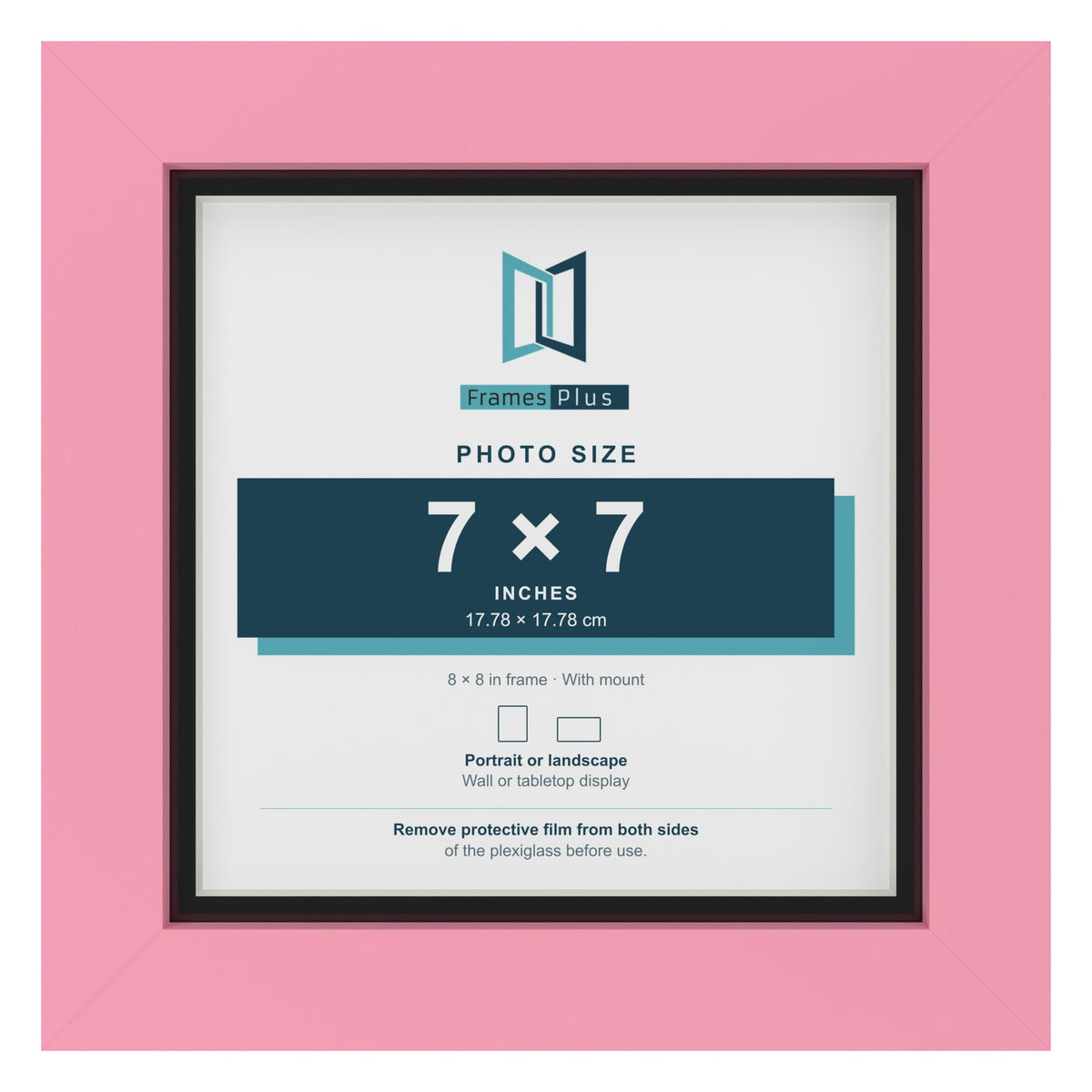 Baby Pink 8 x 8 inch picture frame with a black mount for a 7 x 7 inch photo