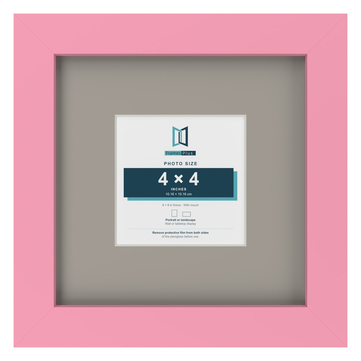 Baby Pink 8 x 8 inch picture frame with a Dawn Grey mount for a 4 x 4 inch photo