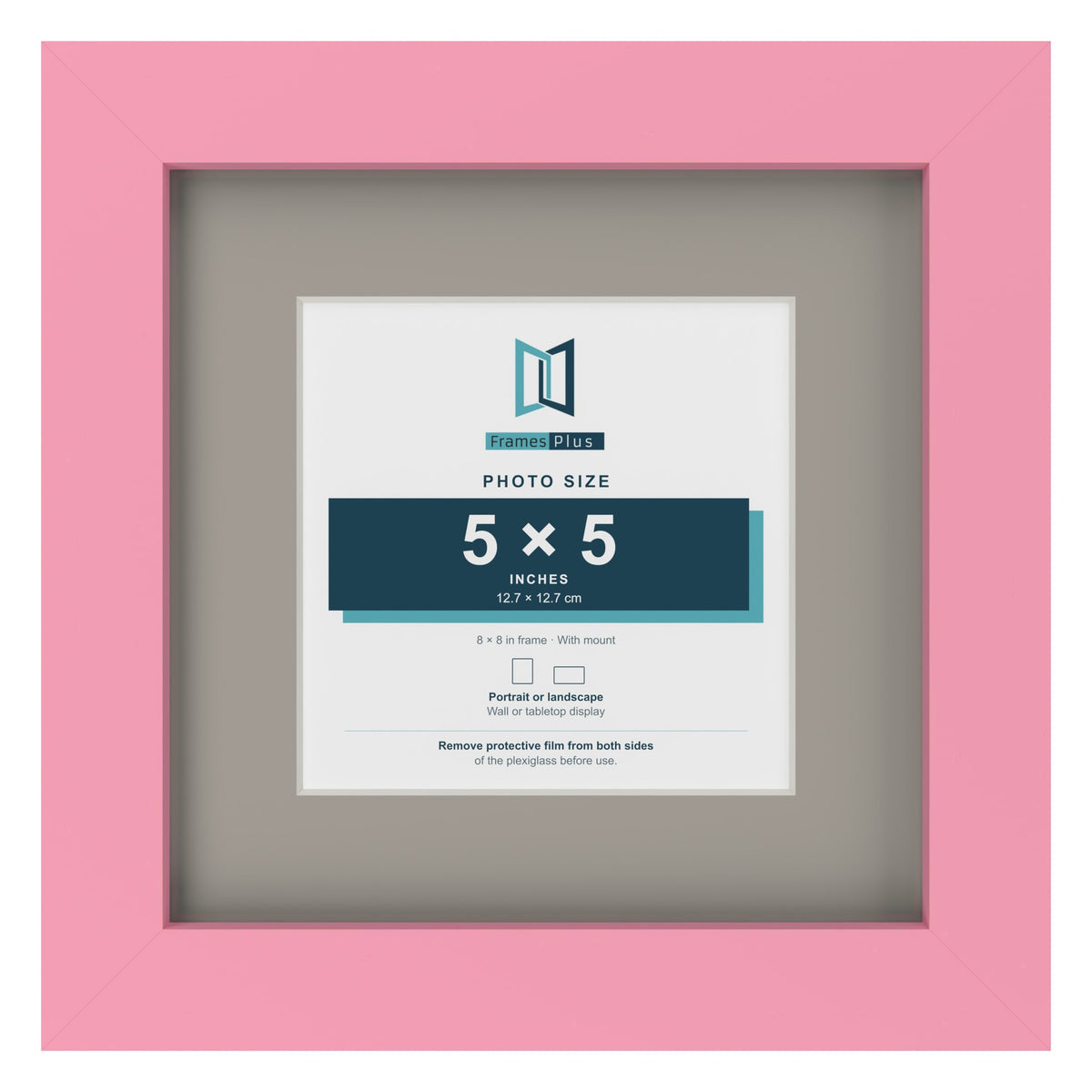 Baby Pink 8 x 8 inch picture frame with a Dawn Grey mount for a 5 x 5 inch photo