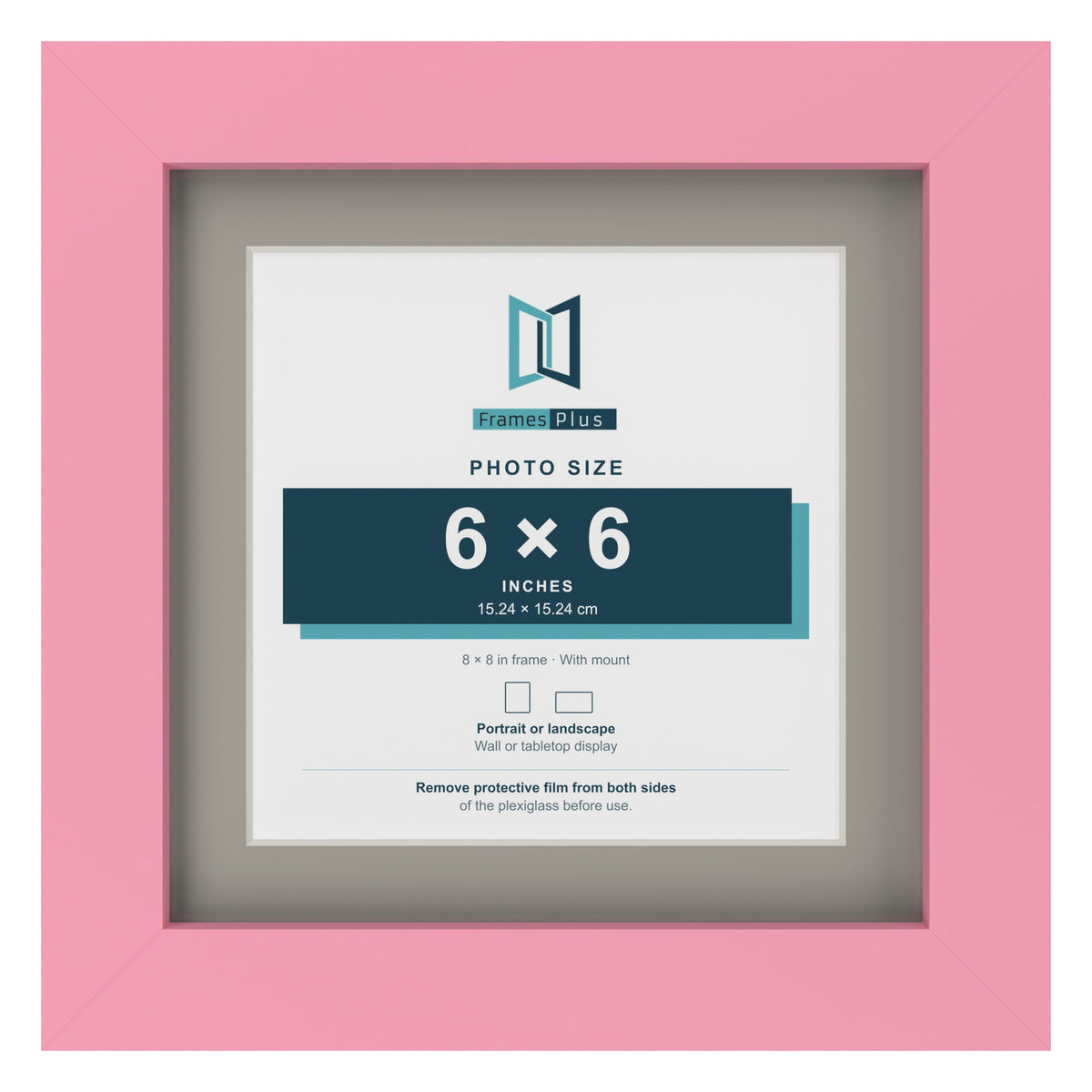Baby Pink 8 x 8 inch picture frame with a Dawn Grey mount for a 6 x 6 inch photo