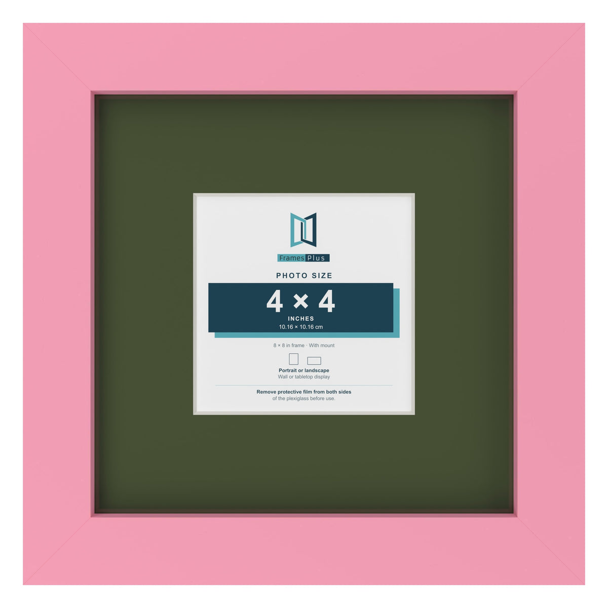 Baby Pink 8 x 8 inch picture frame with a green mount for a 4 x 4 inch photo