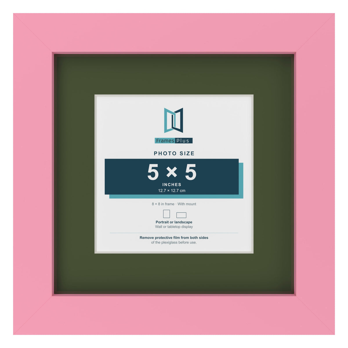 Baby Pink 8 x 8 inch picture frame with a green mount for a 5 x 5 inch photo