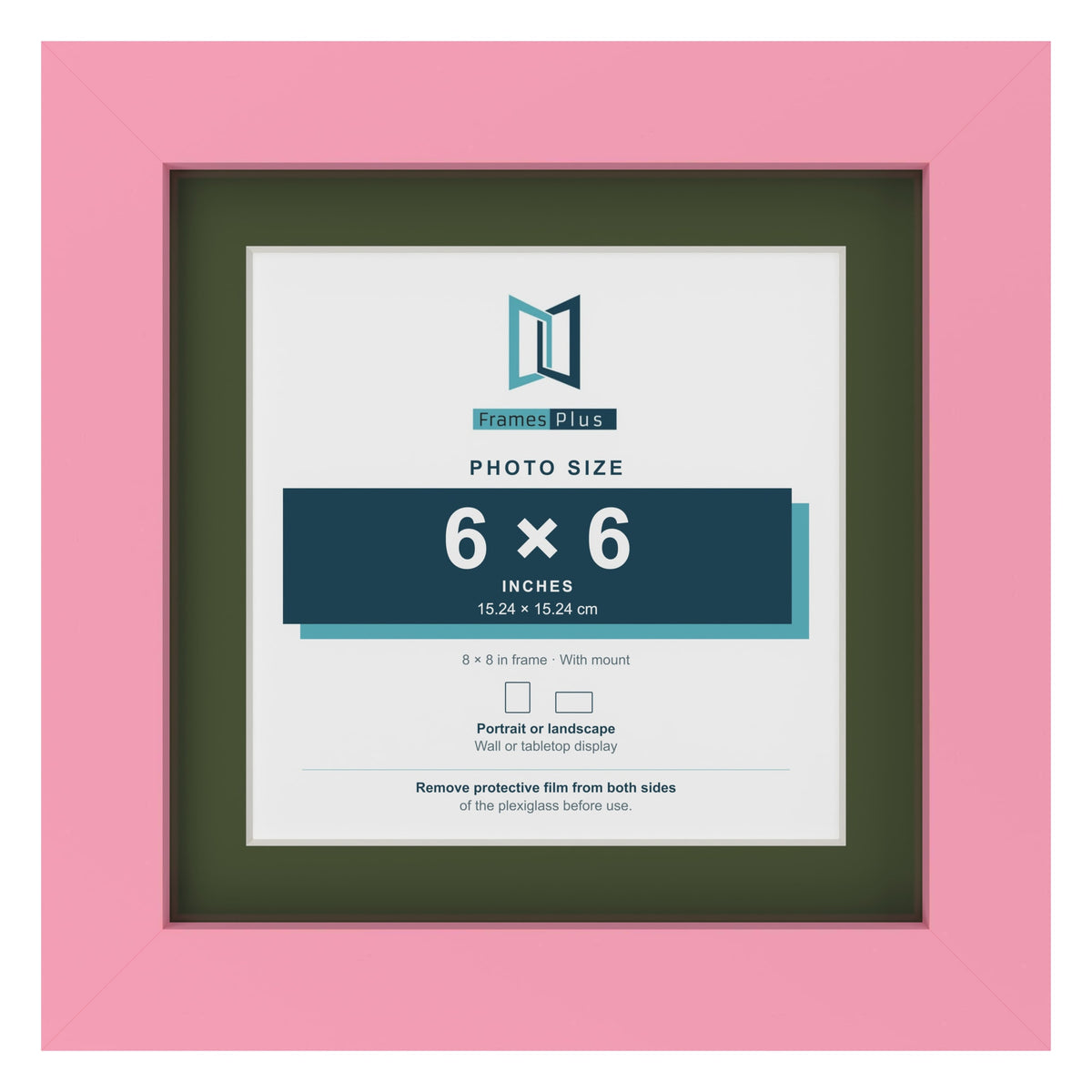 Baby Pink 8 x 8 inch picture frame with a green mount for a 6 x 6 inch photo