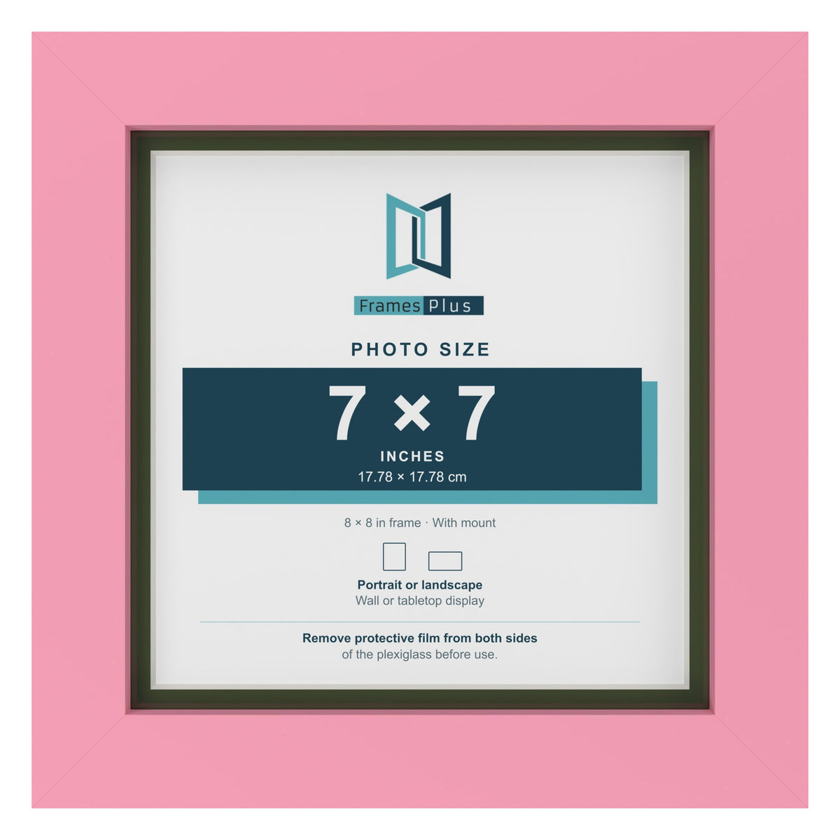 Baby Pink 8 x 8 inch picture frame with a green mount for a 7 x 7 inch photo