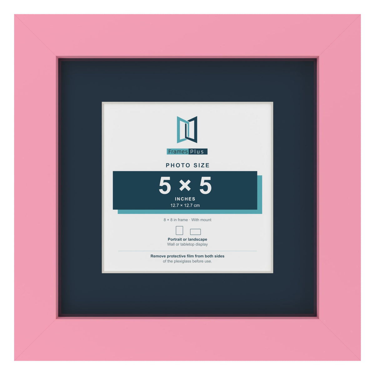 Baby Pink 8 x 8 inch picture frame with a Pacific Blue mount for a 5 x 5 inch photo