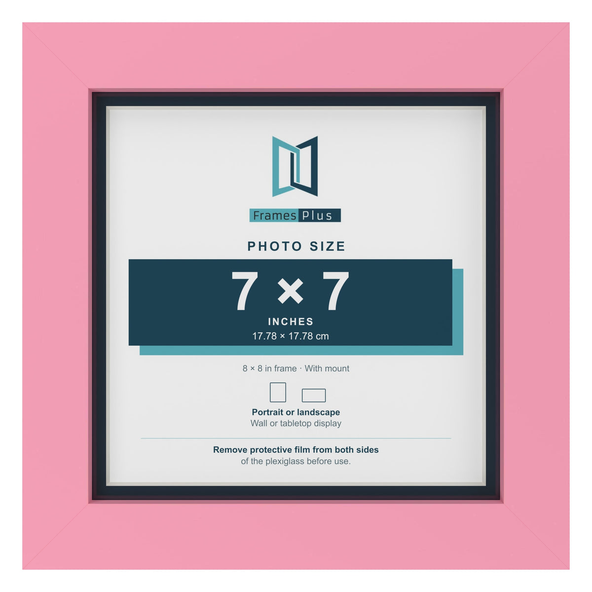 Baby Pink 8 x 8 inch picture frame with a Pacific Blue mount for a 7 x 7 inch photo