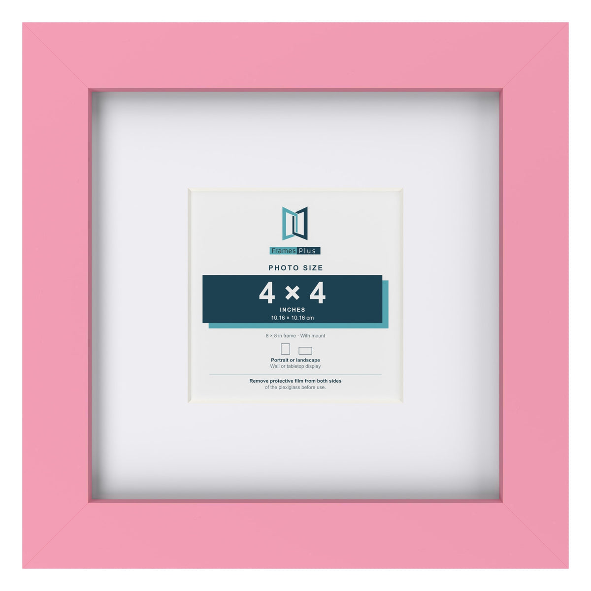 Baby Pink 8 x 8 inch picture frame with a white mount for a 4 x 4 inch photo
