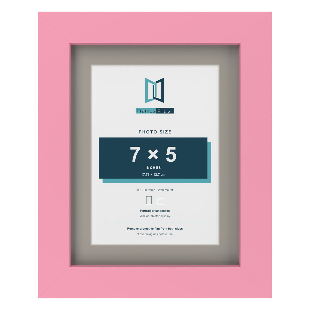 Baby Pink 9 x 7 inch picture frame with a Dawn Grey mount for a 7 x 5 inch photo