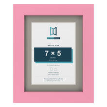 Baby Pink 9 x 7 inch picture frame with a Dawn Grey mount for a 7 x 5 inch photo