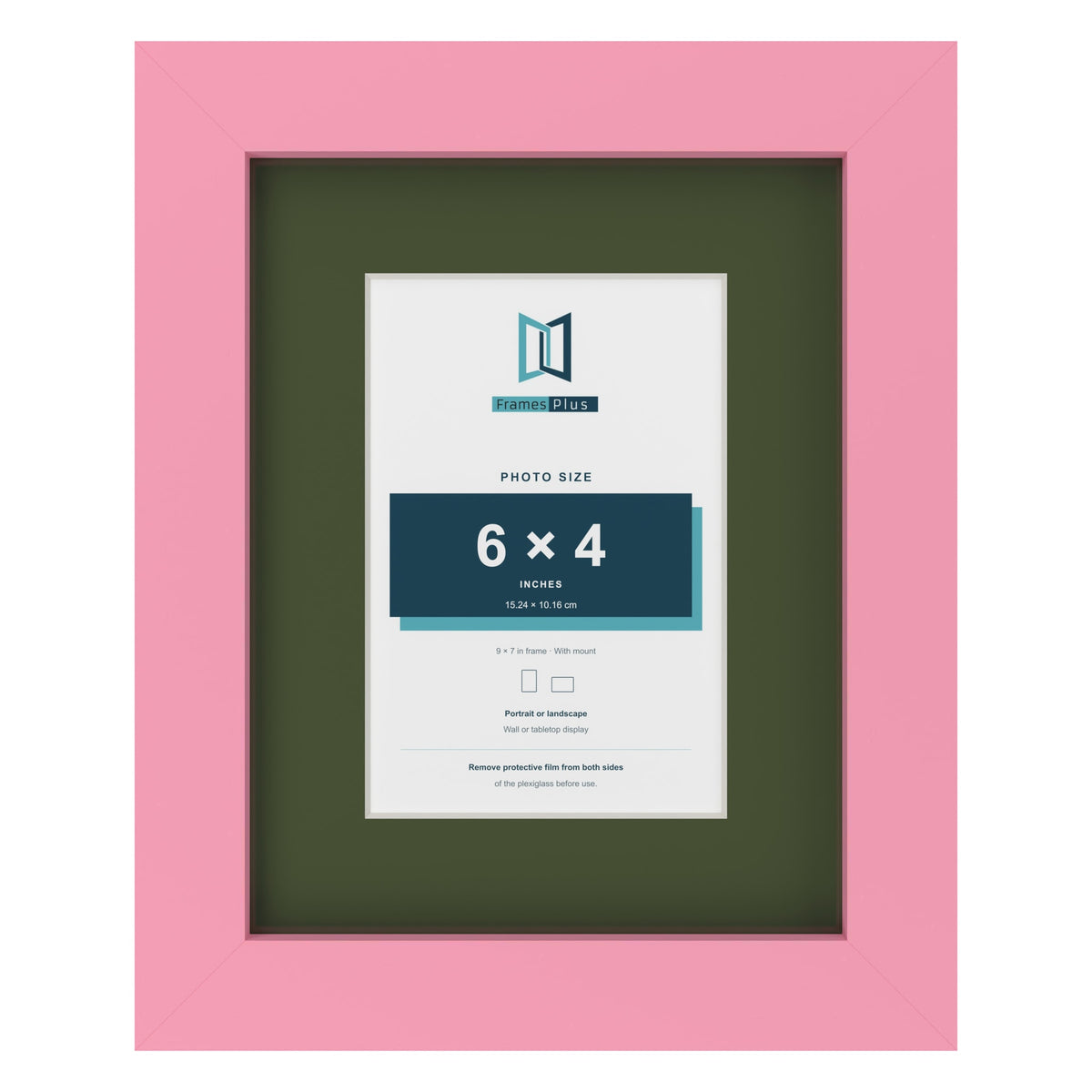 Baby Pink 9 x 7 inch picture frame with a green mount for a 6 x 4 inch photo