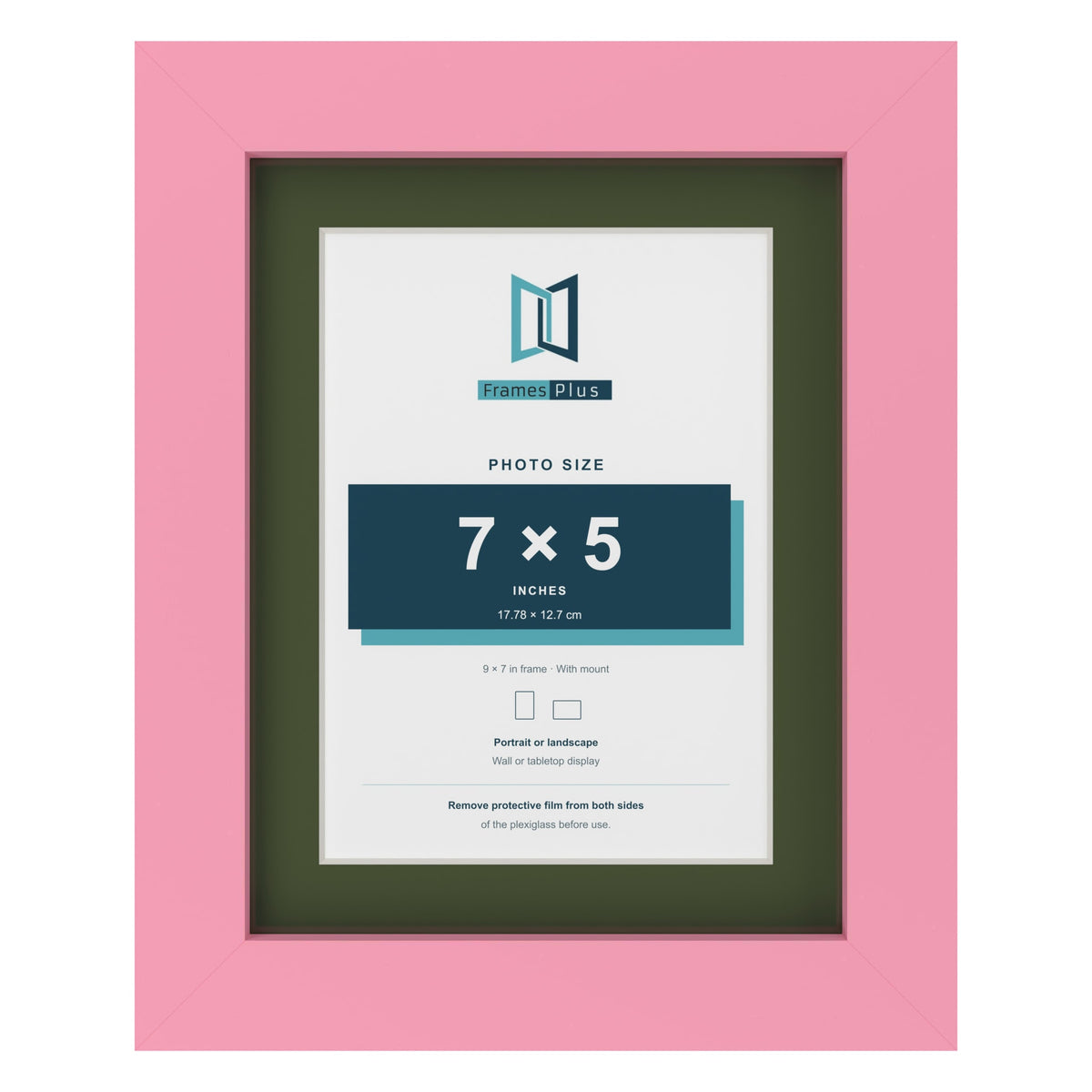 Baby Pink 9 x 7 inch picture frame with a green mount for a 7 x 5 inch photo