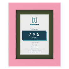 Baby Pink 9 x 7 inch picture frame with a green mount for a 7 x 5 inch photo