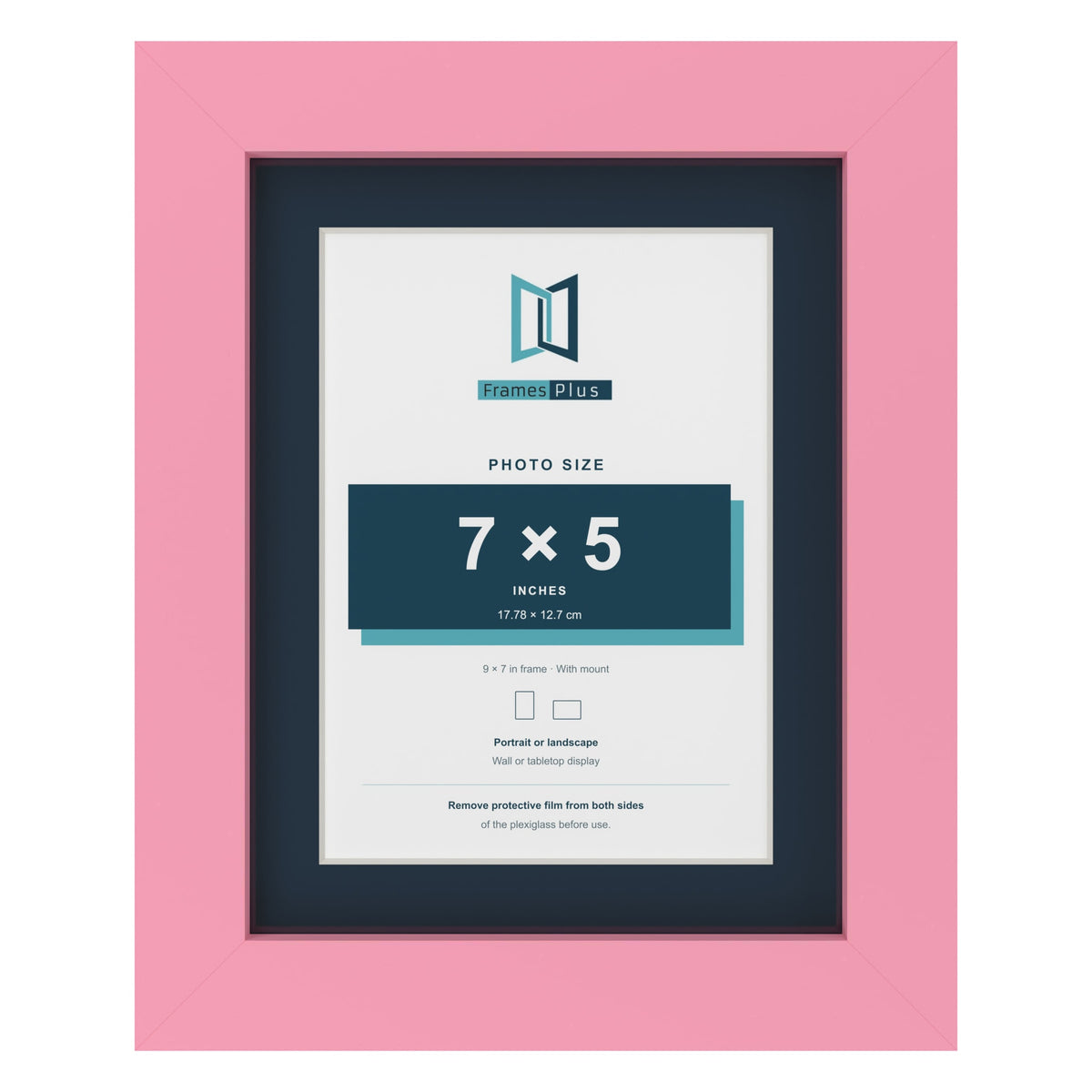 Baby Pink 9 x 7 inch picture frame with a Pacific Blue mount for a 7 x 5 inch photo