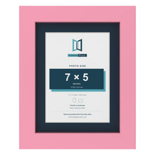 Baby Pink 9 x 7 inch picture frame with a Pacific Blue mount for a 7 x 5 inch photo