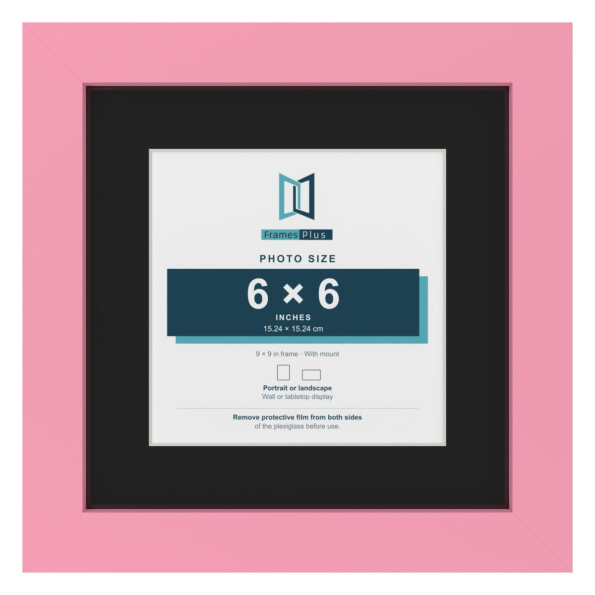 Baby Pink 9 x 9 inch picture frame with a black mount for a 6 x 6 inch photo