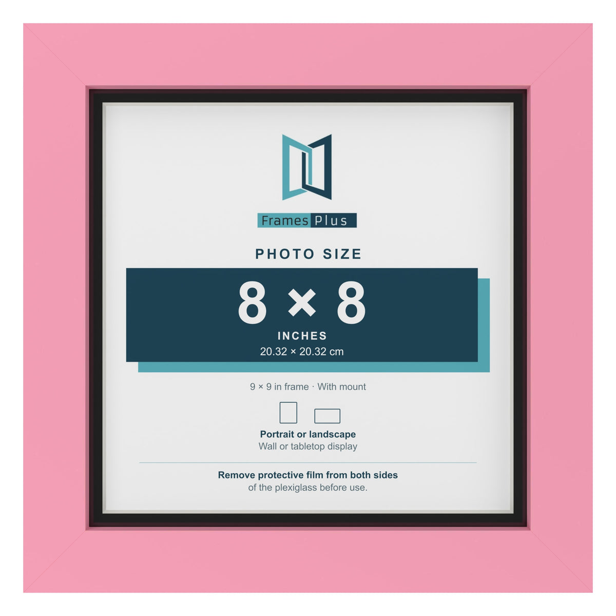 Baby Pink 9 x 9 inch picture frame with a black mount for an 8 x 8 inch photo