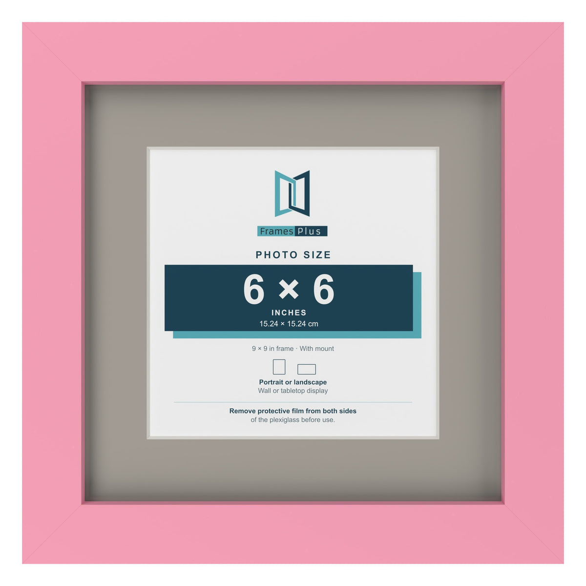 Baby Pink 9 x 9 inch picture frame with a Dawn Grey mount for a 6 x 6 inch photo