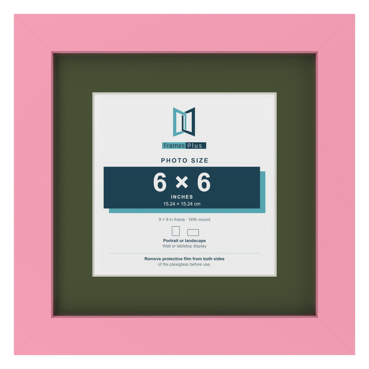 Baby Pink 9 x 9 inch picture frame with a green mount for a 6 x 6 inch photo