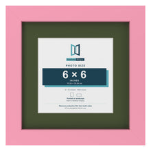 Baby Pink 9 x 9 inch picture frame with a green mount for a 6 x 6 inch photo