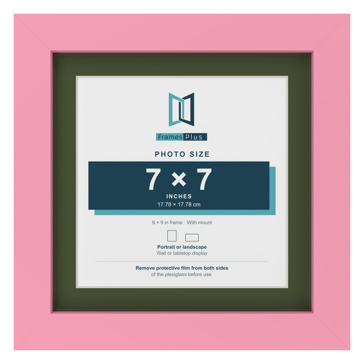 Baby Pink 9 x 9 inch picture frame with a green mount for a 7 x 7 inch photo