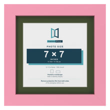 Baby Pink 9 x 9 inch picture frame with a green mount for a 7 x 7 inch photo
