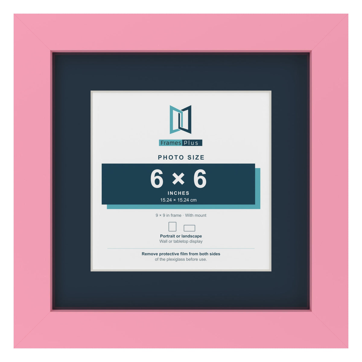 Baby Pink 9 x 9 inch picture frame with a Pacific Blue mount for a 6 x 6 inch photo